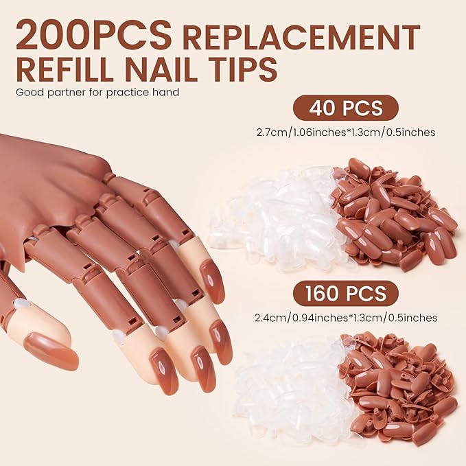 Fit for Wilfniee Magnetic Hand Only- 200PCS Replacement Nail Tips for Magnetic Practice Hand - Clear Brown Refill Acrylic Fake Nail Tips for Magnetic Nail Practice Hand
