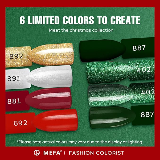 MEFA Gel Nail Polish Set, 6 Colors Burgundy Red Dark Green Glitter Gel Polish Silver Gold Sparkle Nail Polish Manicure Soak Off DIY Salon Decorations Gifts