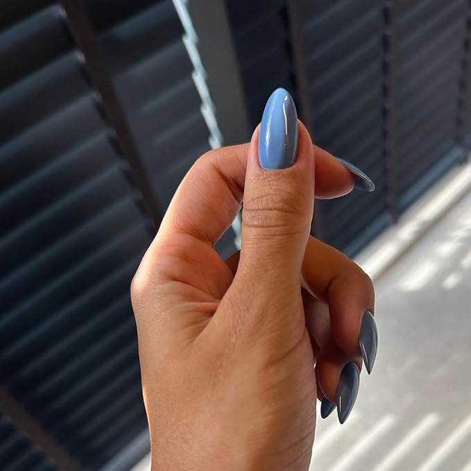 light Blue Press on Nails Almond Shaped Medium Almond Nails Press on Neutral Acrylic Nails Reusable Fake Nails for Women Girls, Glue on Nails Medium Length Stiletto False Nails Gel Artificial Nails