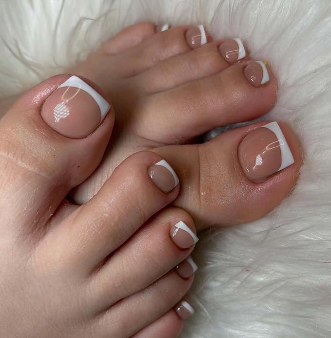 150pc White French Tips Press on Toenails Women Fake Toenail with Glue Tab, Brown Toe Nail Press ons Nails Short Square Fake Toe Nail Tips French Glue on Toenails Stick Acrylic Toes Nails Kit