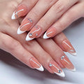 Press On Nails Medium Almond Pink-Nude with White French Tip & Silver Glitter| Reusable Soft Gel Nails in 12 Sizes-24 Nail & Kit with Glue|Designed in L.A,Hand Painted in Vietnam|Elegant Glint