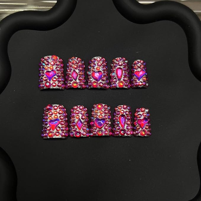 Handmade Press on Nails with Full Covered Luxury Rose Red Rhinestone Crystals False Nails Designs Reusable Muti-Layer Gel Stick on Nail Short Duck Thick Acrylic Fake Nails for Women（S)