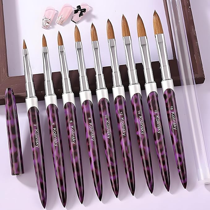 Acrylic Nail Brush Size 8, 100% Kolinsky 3D Art Nail Brush with Purple Leopard Print Metal Handles, Art Design Powder Nail Brush Pen for Nails Extension & Carving, Acrylic Application Tools