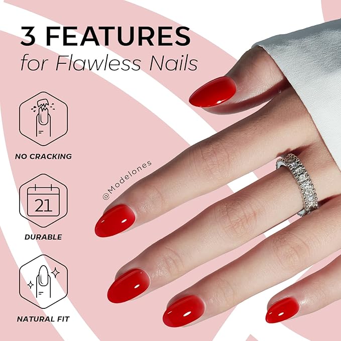 modelones Sheer Red Short Press on Nails, Semi-Transparent Oval Fake Nails Kit Press Ons with Nail Glue, Adhesive Tabs, Nail File, Prep Pad, Manicure Stick, 32Pcs 16 Sizes, Spring Women Girl Gift