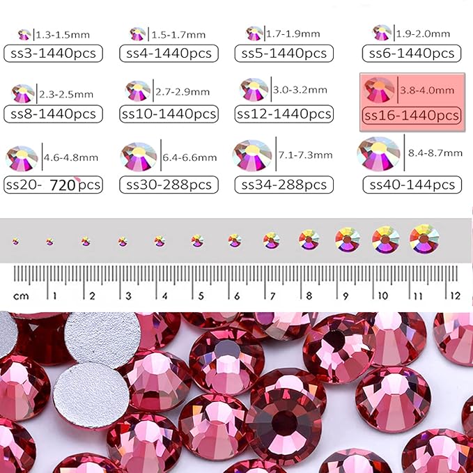 Dowarm 1440 Pieces SS16 Flatback Crystals, 4MM Flatback Nail Crystals for Craft, Dance Costumes, Non Hotfix Rhinestones (SS16 / 4MM, Rose)