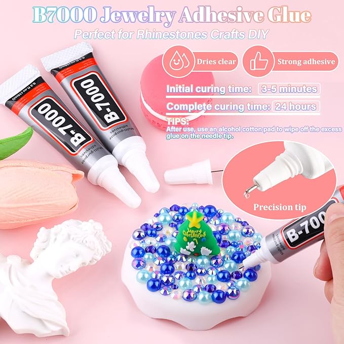 14000Pcs Flatback Pearls and Rhinestones for Bedazzling, Blue Series Mixed Size 3-8mm Resin Rhinestones and Half Pearls for Crafting, Nail Art and Grad Cap Decoration with 3pcs B7000 Jewelry Glue