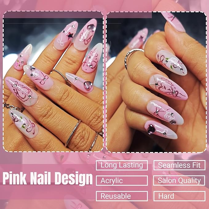Handmade Acrylic Press On Nails Almond, Pink Press On Nails Medium, Ombre Nails Heart Rhinestone Flower For Women Gift, Reusable Stick On Fake Nails Kit With Nail Glue (Pink Romance-S)