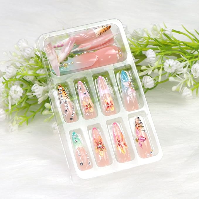 Flower Press on Nails Long Stiletto Fake Nails Press ons with Flower Rhinestone Leopard Print French Designs Acrylic Blue Pink French Glue on Nails for Women 24 Pcs