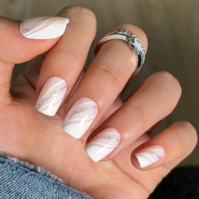 CurvLife Soft Gel Short Press On Nails Square, Long-Lasting Reusable Fake Nails Kit with Glue & Tabs, 30pcs Salon-Quality Stick On Nails for Women At-Home Manicure (Silver Whisper)