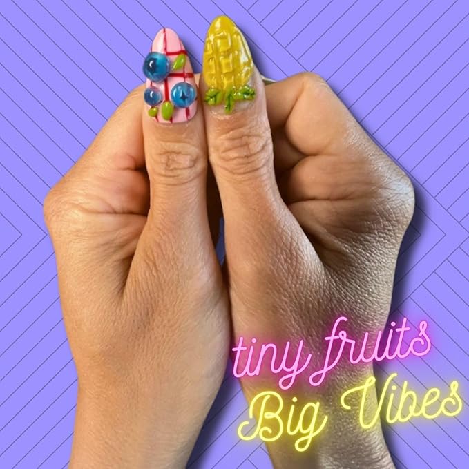 ARYANA NEW YORK 3D Flower Summer Press on Nails Almond, Colorful Fruits Design Nails for Women, Glossy Gold Beads Rhinestones Charms French Tip Glue on False Nails, Les Fruits Collection - Small