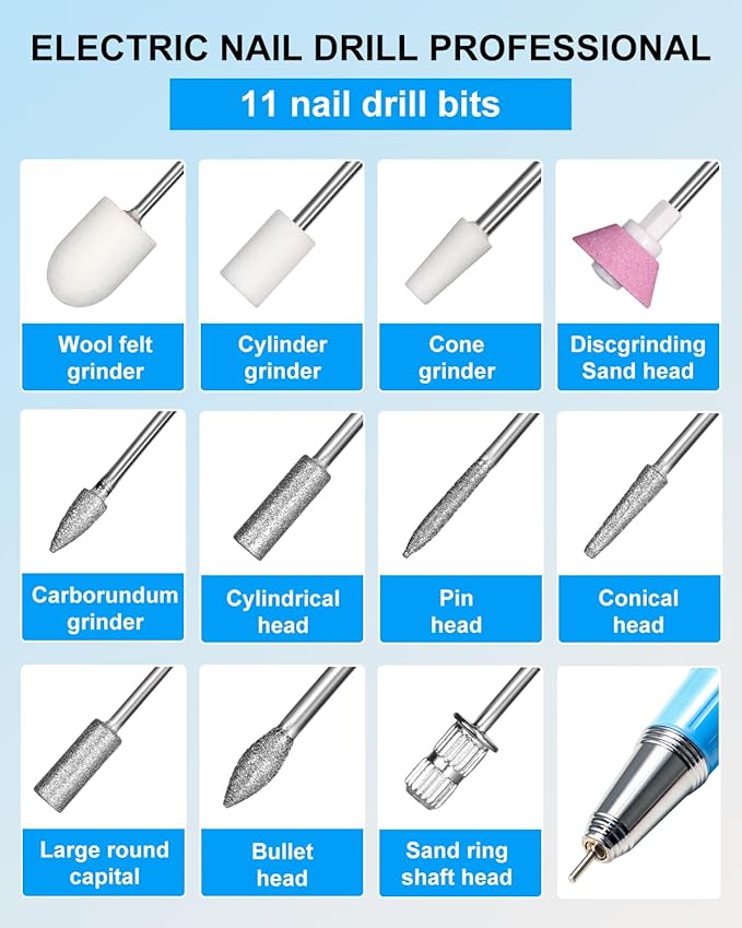 Professional Electric Nail Drill Kits 45000RPM Gradient Blue Portable Cordless 3-in-1 Nail File Machine with Rechargeable Stand and Nail Lamp for Acrylic Gel Polish Removing Home & Salon Use