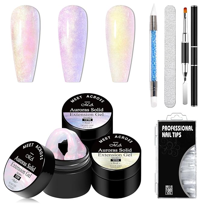 MEET ACROSS Aurora Solid Builder Gel for Nails Pink Purple Non-Stick Hand Nail Extension Gel Extension Kit Salon Gift 7PCS