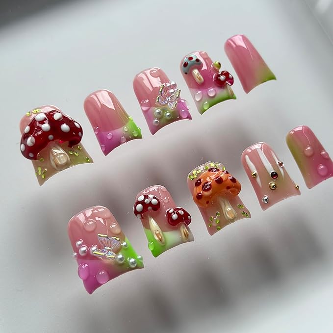 Handmade Press on Nails Short Duck 3D Unique Reusable ABS Material Fake Nails French Tip Luxury Cute False Nails with Designs Mushroom Butterfly Colorful Glossy Glue on Thick Acrylic Nails(M)