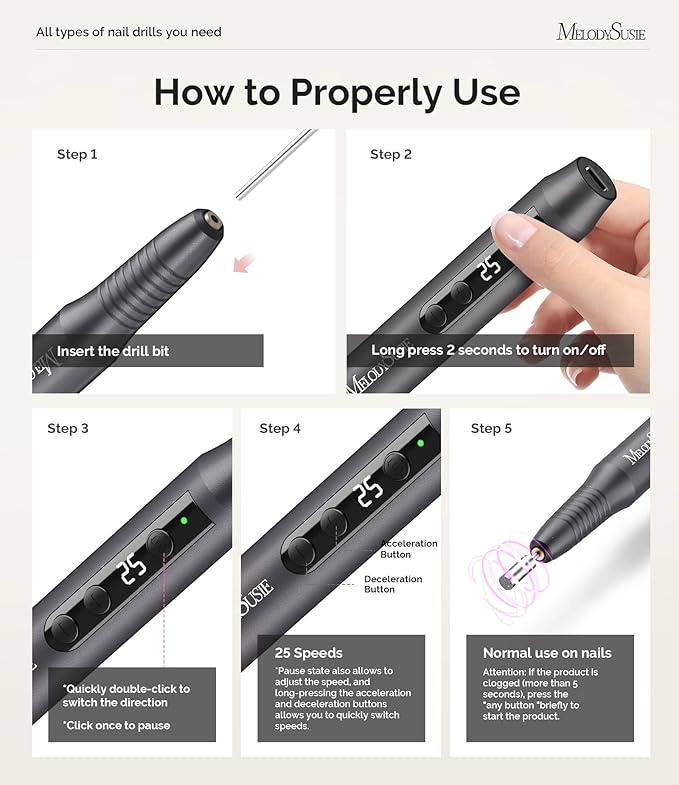 MelodySusie Pen-Shaped Portable Cordless Nail Drill,PC180G 25000RPM Rechargeable Electric File with LED Display for All Nail Care, Manicure Shaping & Acrylic Gel Removal for Nail Artists DIY at Home