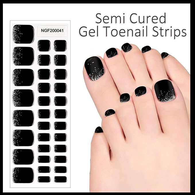 WOKOTO Semi Cured Gel Nail Strips For Toenails, 16 Size 32 Tips Black Glitter design Toe Nail Polish Strips With Nail File & Wooden Stick, Works With Lamps, Salon-Quality, Long Lasting, Easy To Use