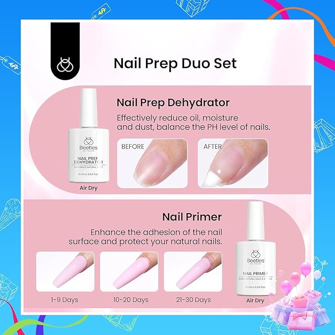 Beetles Gel Nail Kit Short Almond Gift Spree, with Dehydrator and Primer, 576Pcs Half Matte Etch-X Gel Nail Tips Solid Nail Glue Mini Lamp Acrylic Tips Easy DIY Extension Set Gift for Women