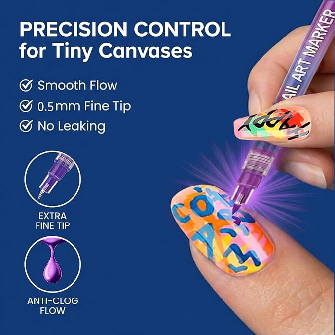 12 Colors Nail Art Pens & Nail Markers Set, 0.5mm Ultra-Fine Tip Acrylic Paint for Nail Painting & DIY Manicure, Water-Based Quick Dry Design Tools, Easy for Everyone, Easter Basket Stuffers (12PCS)