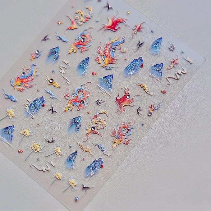 3D Asian Phoenix Nail Art Stickers, Mountain and Floral Design, Blue and Orange