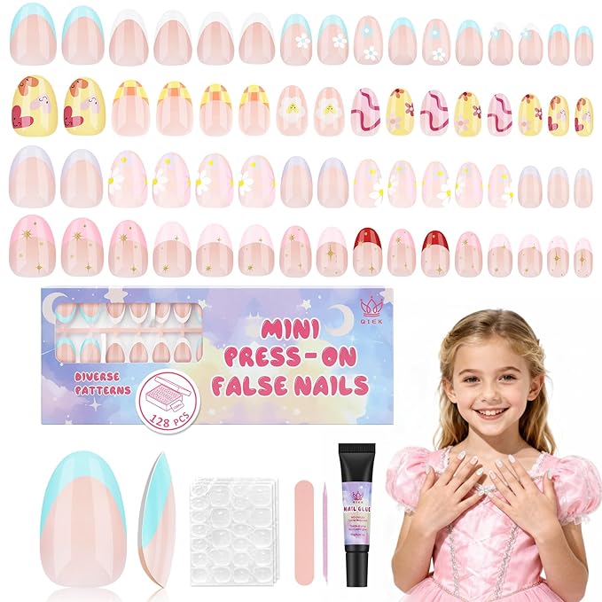 16 Sizes 128 Pieces Press on Nails for Kids, 4 pack Kids Nail Kit Colorful Flower Almond Fake Nail Tips for Girls 8-12 Years Old with Jelly Nail Adhesives & Nail Glue Birthday Easter Gift 2026