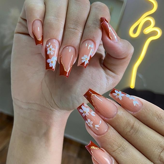 Square Press on Nails Long Fake Nails Red Artificial Nail Seeneey Floral Designs French Stick on Nail for Women 24pcs