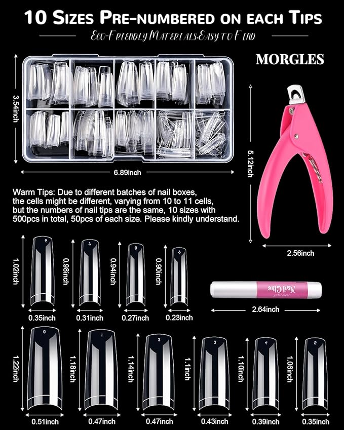MORGLES Clear Acrylic Nail Tips, 500 Pcs French Nail Tips Square Half Cover with Glue, Clipper, Files and Cuticle Fork for Salons and Home DIY