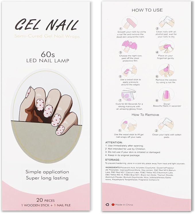 JMEOWIO Gel Nail Stickers Valentines Day Red Heart Semi Cured Gel Nail Strips Wraps UV/LED Nails Art Design Decoration Accessories