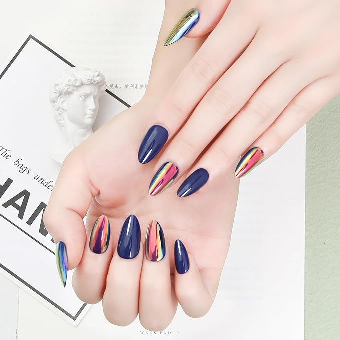 Acrylic Press On Nails Blue Almond - Nail Kit Iridescent Chrome Reusable Manicure for Women, 24 Nails in 12 Sizes with Glue, Adhesive Tabs, File, Prep Pad, Manicure Stick