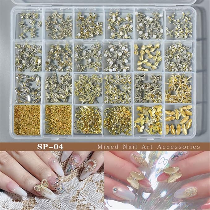 1 Box Nail Shinning Rhinestones Jewelry Diamond 3D Alloy Bow Butterfly Nail Art Zircon Pearl Gold Beads Manicure Nails DIY Accessories Nail Decoration Mix Metal Rivets Studs