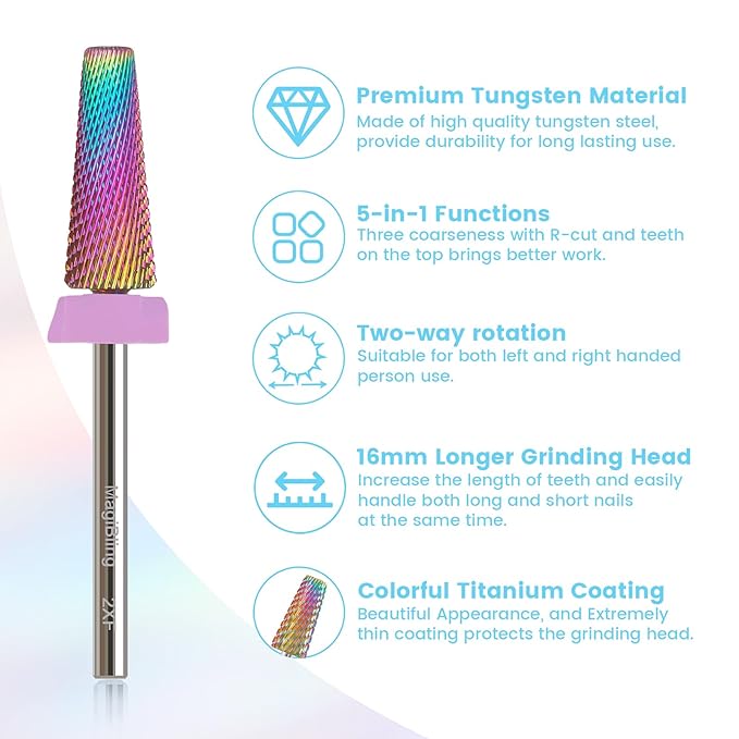 2xf 5 in 1 Nail Drill Bits, 16mm Tapered 3/32'' Professional Tungsten Carbide Bits for Efile, 2 Rotation for Electric Drill, Remove Thin Gel, Manicure Cuticle Gel Polish, Nail Techs Bit, Double Fine