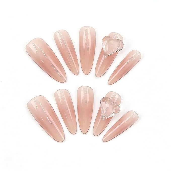 3D Heart Diamonds Press On Nails for Women-Long Almond Nude Pink Fake Nails,30pcs Reusable False Nails with Jelly Glue for Prom, Wedding&Daily Wear