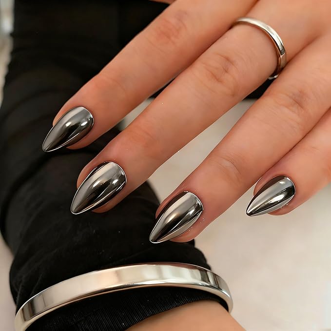 Chrome Press on Nails Short Almond, Metallic Smoky Gray Fake Nails with a Sparkle Mirror Finish, Glitter Glue on Nails for Women Birthday Party, Thick Quality Soft Gel Nail Press ons 30 Pcs