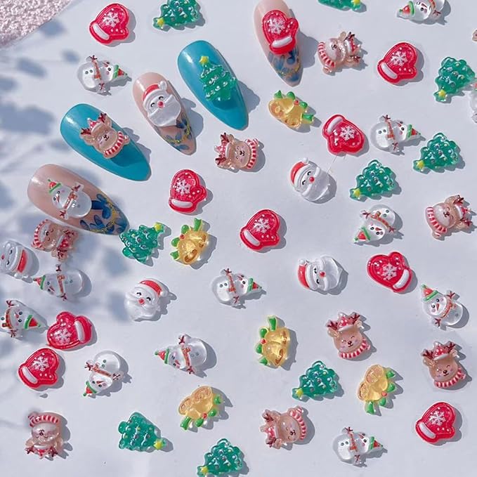 60pcs 3D Cartoon Christmas Nail Charms, Cute Elk Snowman Christmas Nail Art Charms Santa Claus Nail Charm Xmas Tree Gloves Christmas Bells Resin Charms for Nails Kawaii Nail Charms Nail Accessories