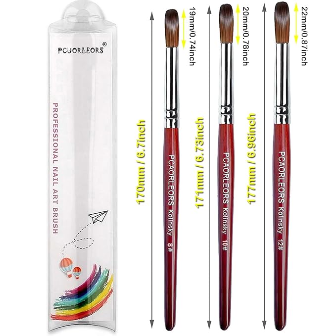 Acrylic Nail Brush with Pure Kolinsky Sable Hair and Red Wood Hand, Round/Flat Professional Gel Brush for Acrylic Power and Nail Extension Size #8,10,12 (One Set)
