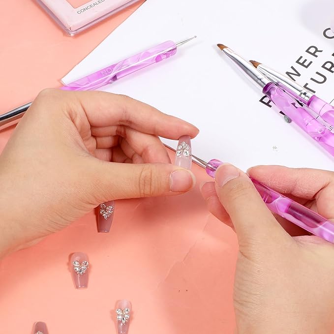 4 Pcs Acrylic French Gel Nail Art Brushes, Two Way Manicure Brush with Dotting Tool Double Ended Nails Gel Liner Brush for Manicure Cuticle Clean up Detailed Designs (10#, 12#, 14#, 16#)