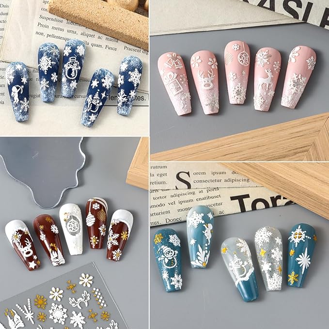 12 Sheets White Snowflakes Nail Art Stickers Decals, Pegatinas Uñas 3D Self-Adhesive Christmas Gold Snowman Elk Xmas Winter Nail Decals, Zoance Nail Art Design Decoration Accessories for Acrylic Nail