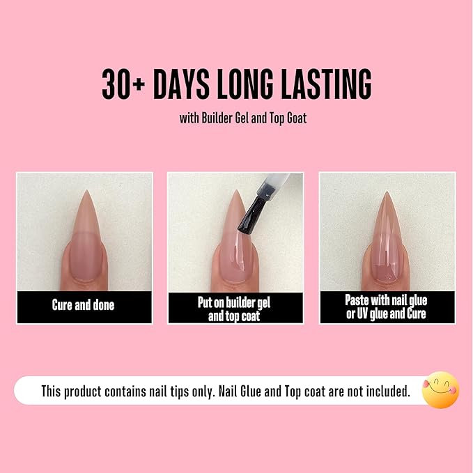 NOVO OVO Sharp Stiletto Nail Tips Press on Medium Long Pure Color Brown Pink, Pointed Soft Gel Fake Acrylic Extension, Full Cover False Nails for Salon DIY x 16 Sizes 224 pcs