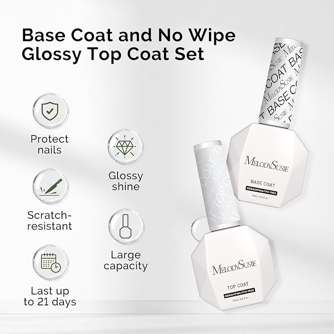 MelodySusie Hema Free Gel Polish Base and Top Coat Set, Tpo Free 2PCS 0.5 Fl Oz Long Lasting Soak Off UV No Wipe Glossy Top Coat and Base Coat for Nail Polish, Nail Art Design Manicure Kit Salon Home
