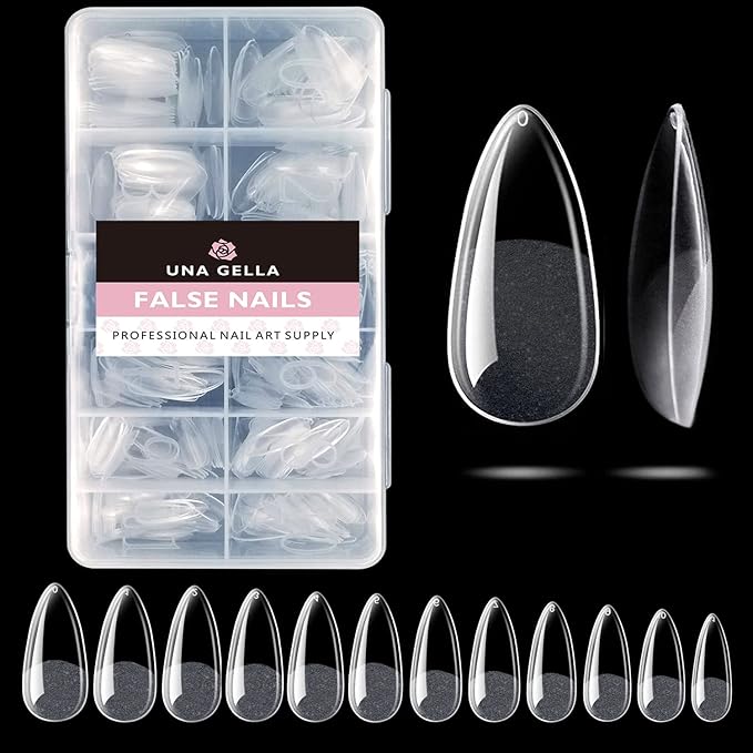 UNA GELLA Almond Nail Tips 216pcs Medium Almond Press on Nails Pre-Shape Gel Fake Nails for Full Cover Acrylic French False Nails for Nail Extension, DIY Salon 12 Sizes Gelly Tips