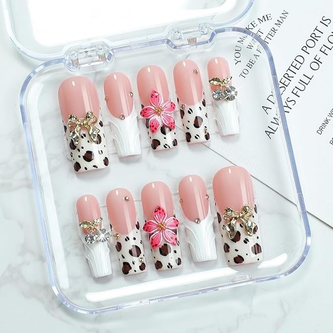 White French Tip Press on Nails Handmade Press on Nails 3D Flower and Rhinestones Bow Embossed Designs Long Coffin Spring Summer Fake Nails Muti-Layer Gel False Nails for Women Nails DIY (Size M)