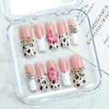 White French Tip Press on Nails Handmade Press on Nails 3D Flower and Rhinestones Bow Embossed Designs Long Coffin Spring Summer Fake Nails Muti-Layer Gel False Nails for Women Nails DIY (Size S)