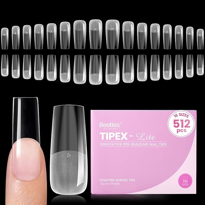 Beetles Tipex Lite Apex Nail Tips, Square Long, 512pcs 16 Sizes,Pre-Building Pre-Etched Acrylic Nail Tips for Flat Nails & Natural Nail Beds