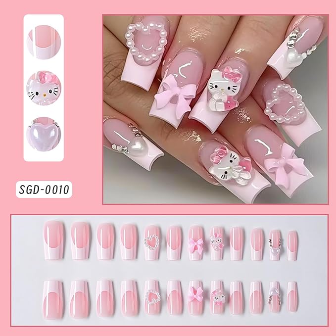 24pcs Cartoon Press on Nails Medium Square Fake Nails Heart-Shaped Bow Nails, French Tip Press on 3D Bows Heart False Nails Tips Cute Stick on Nails Full Cover Artificial Acrylic Nails for Women Decor