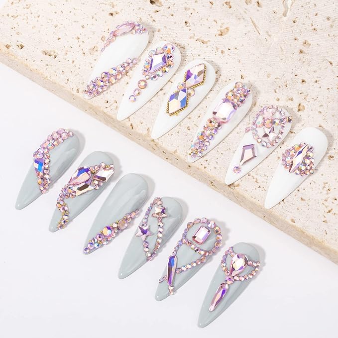 Nail Rhinestones - 4300pcs Crystal Pink AB, Multiple Shape Gems, Flat Back Rhinestones, with Kit and Glue Gel, for Nail Art