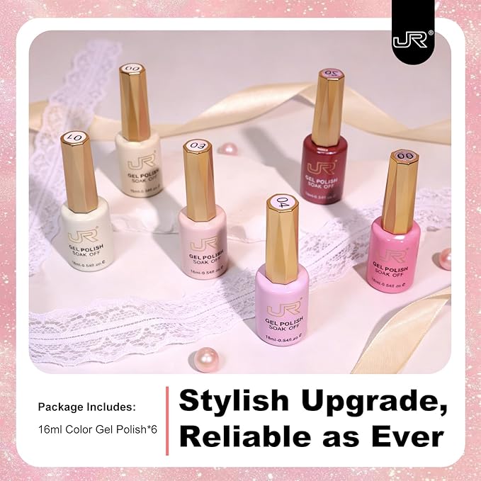 JR Gel Nail Polish Set, 16ml Full Size Bottle 6 Colors Milk White Pink 9D Cateye Glitter Nail Gel Polish Gift Soak Off Led Nail Art Kit Salon DIY Colorful Bottle A