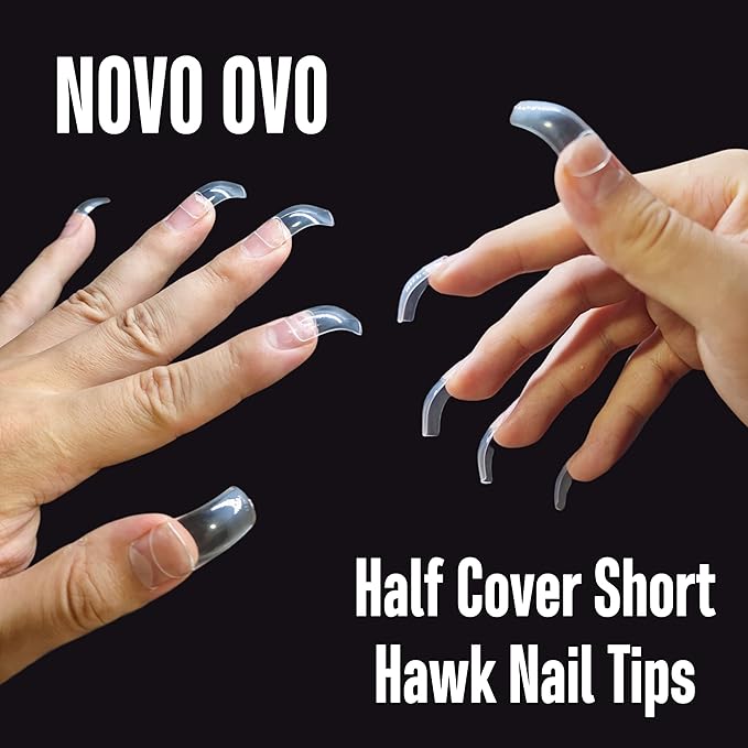 NOVO OVO Halloween 500 pcs Hawk Curved Transparent Clear Cystal Extra Super Extreme Deep Curve Half Cover Short Square Tapered Eagle Claw False Nail Extension Tips Acrylic Nail 10 Sizes Bag Packaging