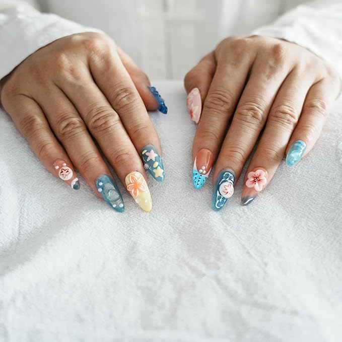 Summer Beach Press on Nails Medium Almond - Blue Ocean French Tip False Nails with 3D Flower Colorful Sea Starfish Designs Full Cover Handmade Stick on Nails (Blue Floral Carving,M)