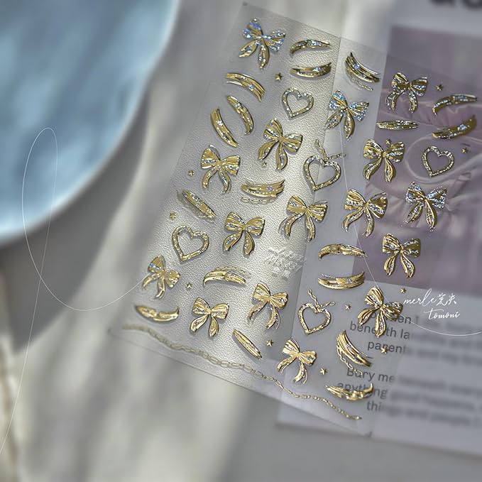 5D Embossed Gold Bow Nail Stickers Self Adhesive Gold Heart Nail Art Stickers Metal with Glitter Love Bow Design Cute Valentines Day Nail Decals Nail Art Supplies for Women Acrylic Manicure Salon Tips