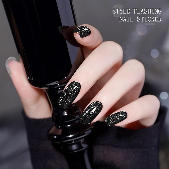 JMEOWIO Gel Nail Stickers Black Glitter Halloween Semi Cured Gel Nail Strips Wraps UV/LED Nails Art Design Decoration Accessories