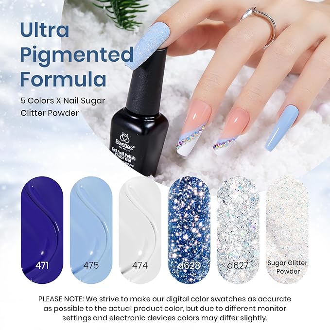 Beetles Easter Gel Nail Polish Set 5 Winter Colors Dark Blue Glitter White Light Blue Silver Gel Polish with Sealing Gel Sugar Dust Powder Nail Sticker UV LED Needed Gifts for Women Sparkling Snow