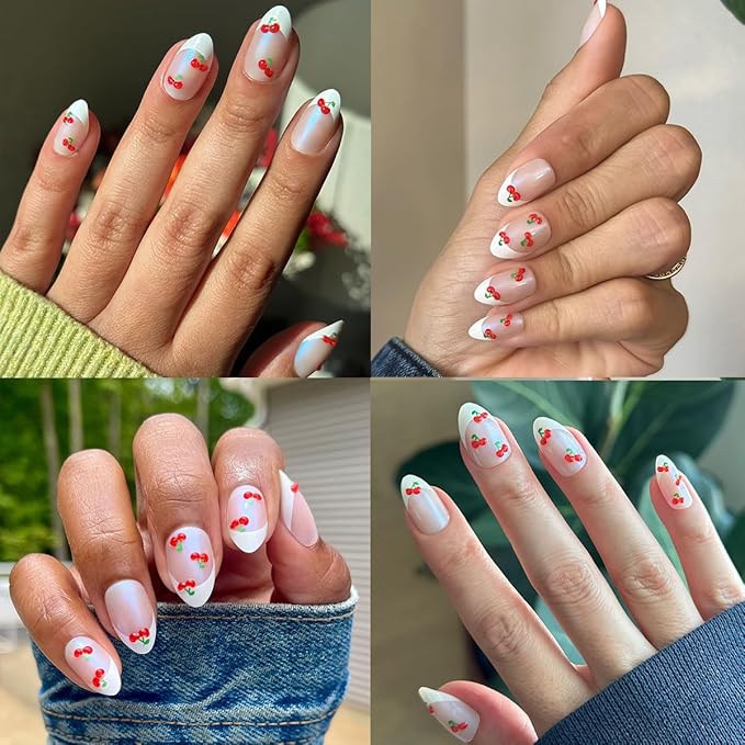 Olive & June Maximalist Instant Mani Press-On Nails (Glue) | 42 Fake Nails, 21 Sizes | Non-Toxic, Long-Lasting Big, Bold Gorgeous | Salon-Quality at Home | Medium, Almond | Puffy Cherry Sharp French
